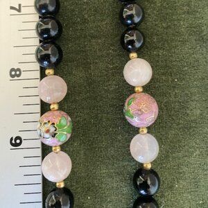 black onyx cloisinne rose quartz gold spacers 26" necklace